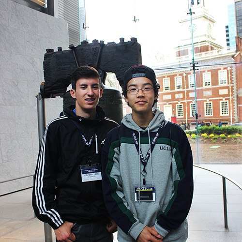 Middle school boys in front of Liberty Bell at Independence Hall in Philadelphia, PA